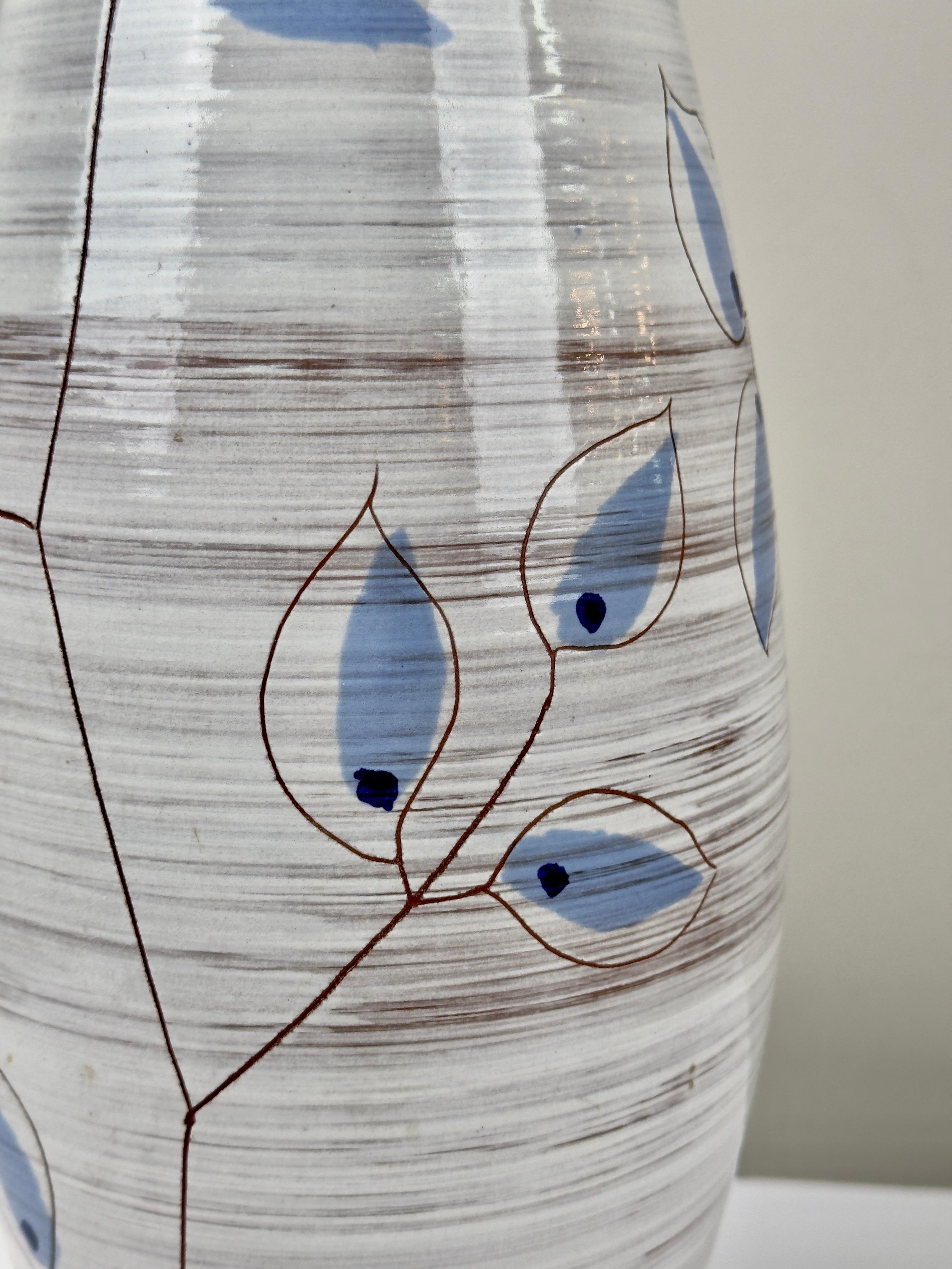 20th Century Bitossi Artsian Ceramic Table Lamp with Blue Leaves Design  For Sale