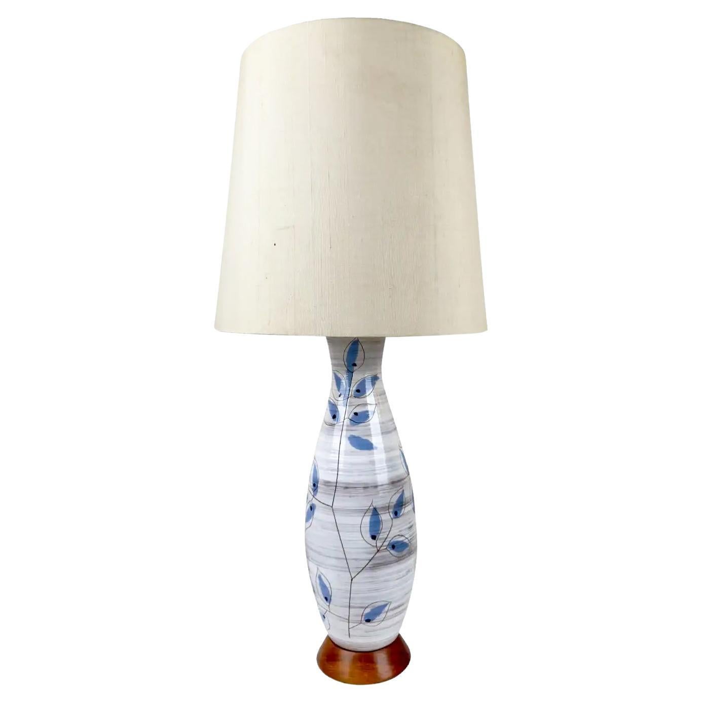 Bitossi Artsianische Keramik-Tischlampe mit blauem Blättern-Design  im Angebot