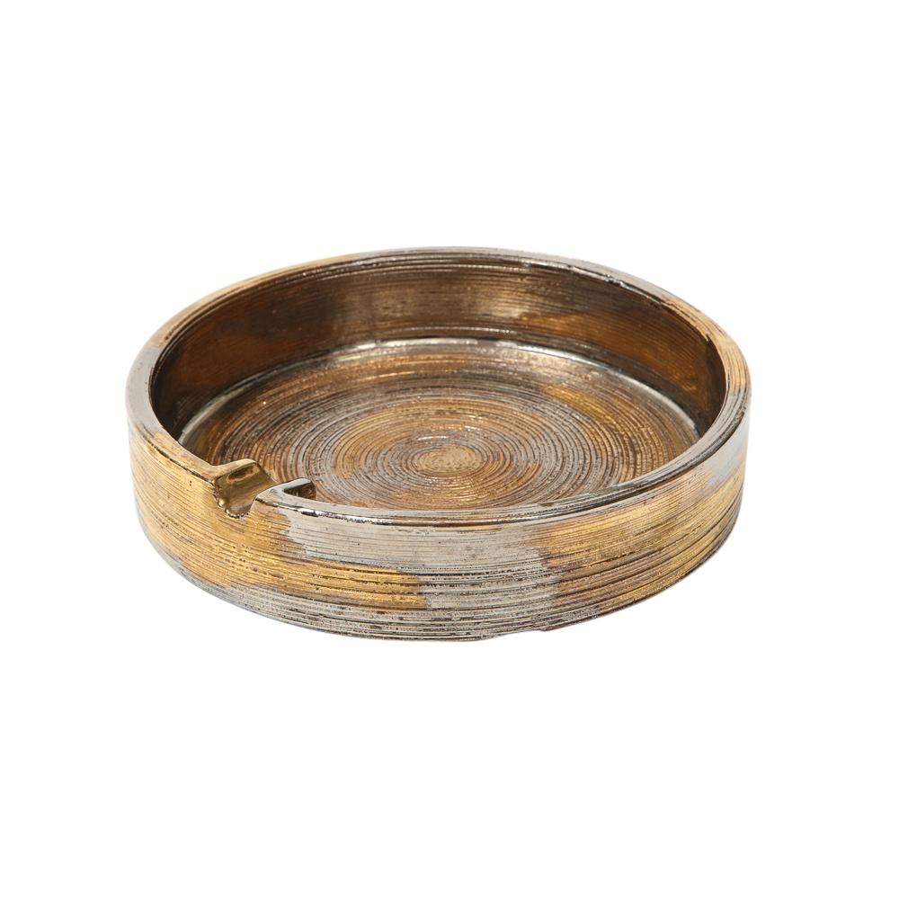 Glazed Bitossi Ashtray, Brushed Metallic Gold, Chrome Silver, Signed