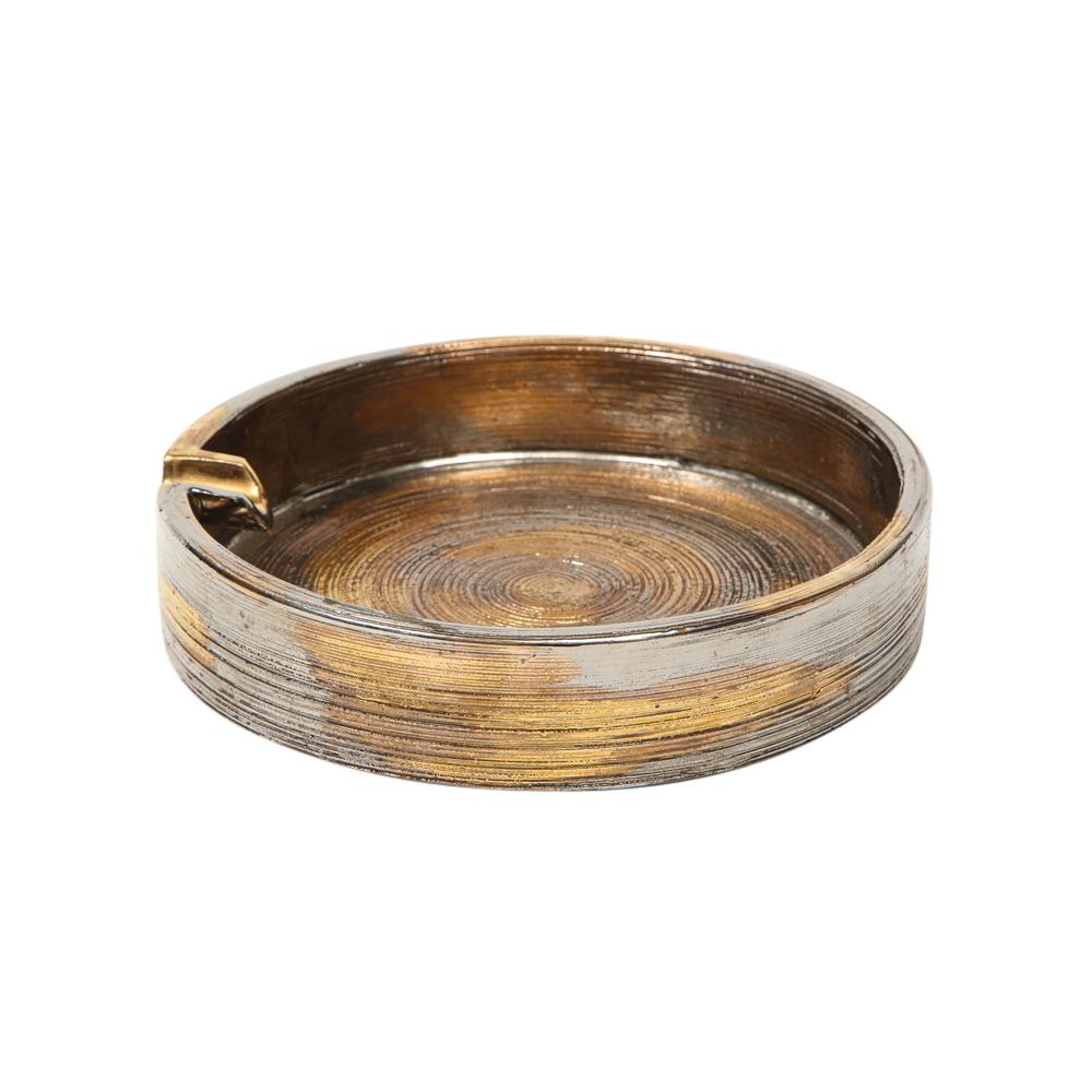 Bitossi Ashtray, Brushed Metallic Gold, Chrome Silver, Signed In Good Condition In New York, NY