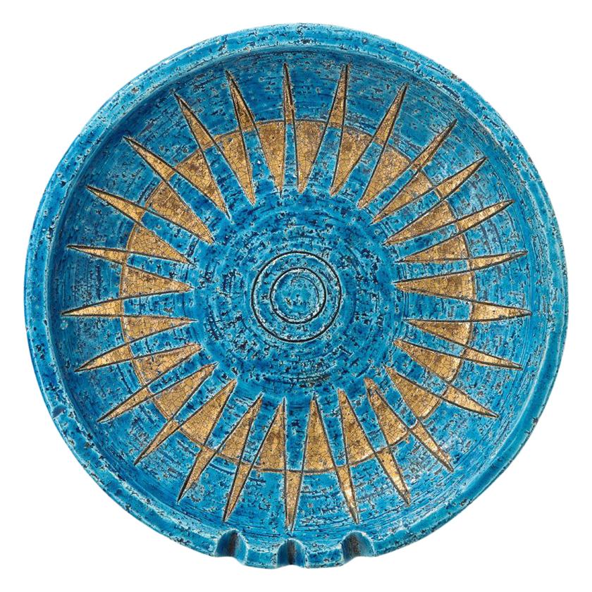 Bitossi Ashtray, Ceramic, Blue and Gold Sunburst, Signed