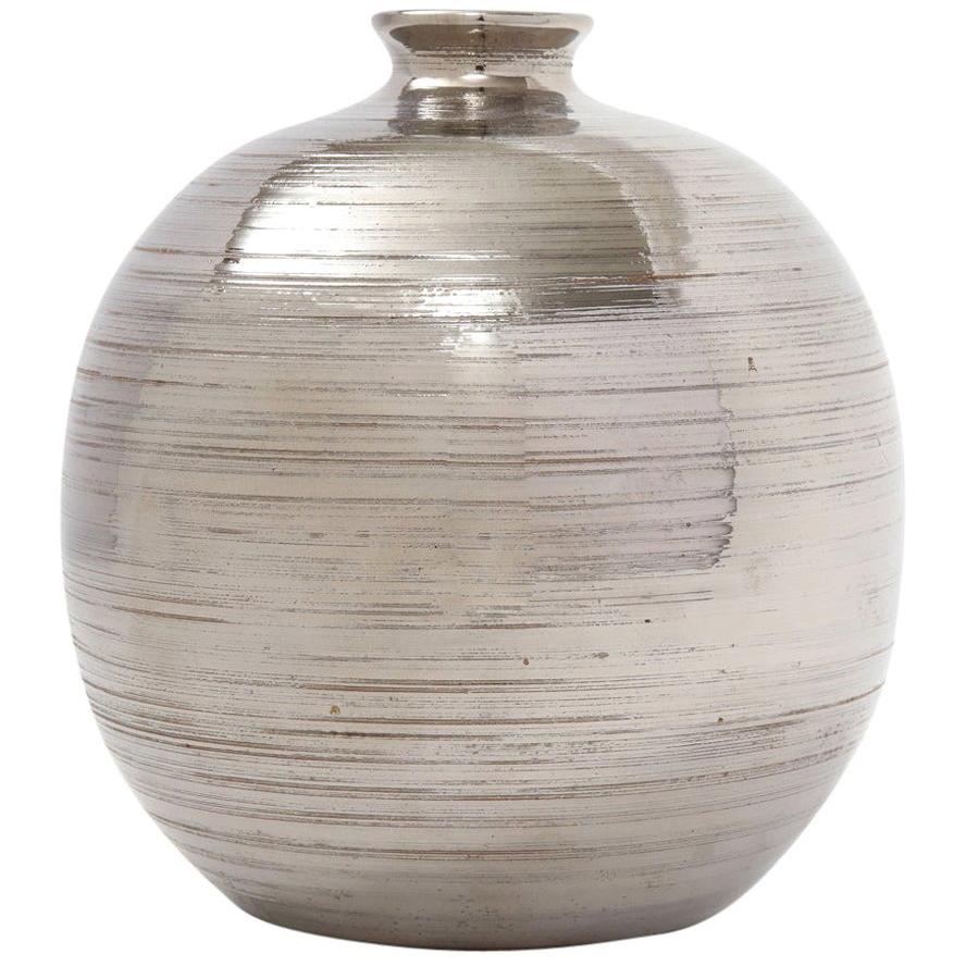 Bitossi Ball Vase, Ceramic, Brushed Metallic Silver Chrome 