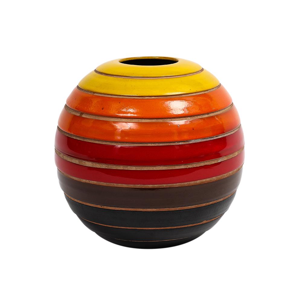 Mid-Century Modern Bitossi Ball Vase, Céramique, Rayures, Jaune, Orange, Rouge, Noir, Signé en vente