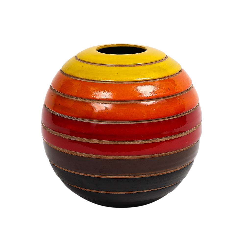 italien Bitossi Ball Vase, Céramique, Rayures, Jaune, Orange, Rouge, Noir, Signé en vente