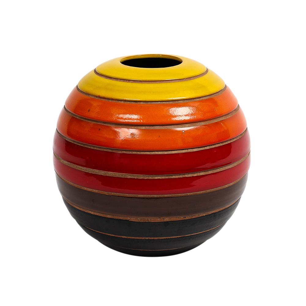 Vernissé Bitossi Ball Vase, Céramique, Rayures, Jaune, Orange, Rouge, Noir, Signé en vente