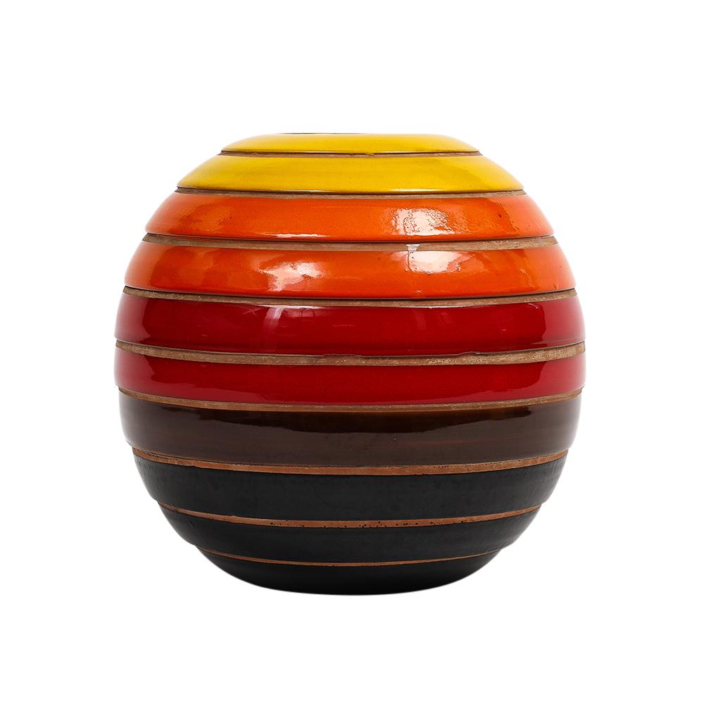 Milieu du XXe siècle Bitossi Ball Vase, Céramique, Rayures, Jaune, Orange, Rouge, Noir, Signé en vente