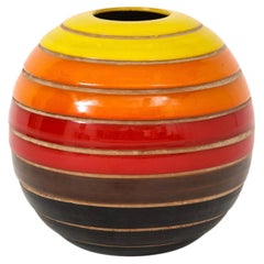 Bitossi Ball Vase, Ceramic, Stripes, Yellow, Orange, Red, Black, Signed