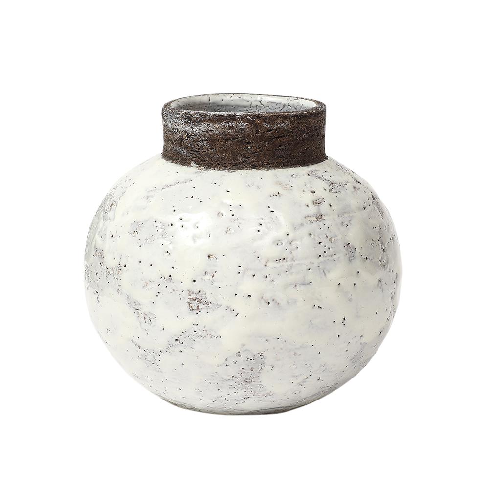 Aldo Londi Bitossi Ball Vase, Keramik, weiß, braun, signiert (Mitte des 20. Jahrhunderts) im Angebot