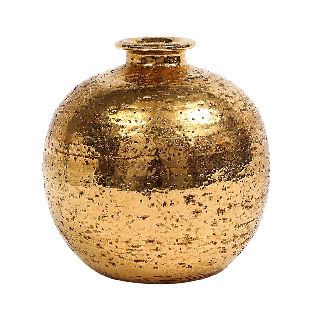 Bitossi Ball Vase, Ceramic, Metallic Gold. Small scale spherical vase with flared lip, short neck, and rounded body -glazed in metallic gold over porous raw clay. Measures 5.75 inches across the belly and 3.5 inches across the underside. Unmarked.