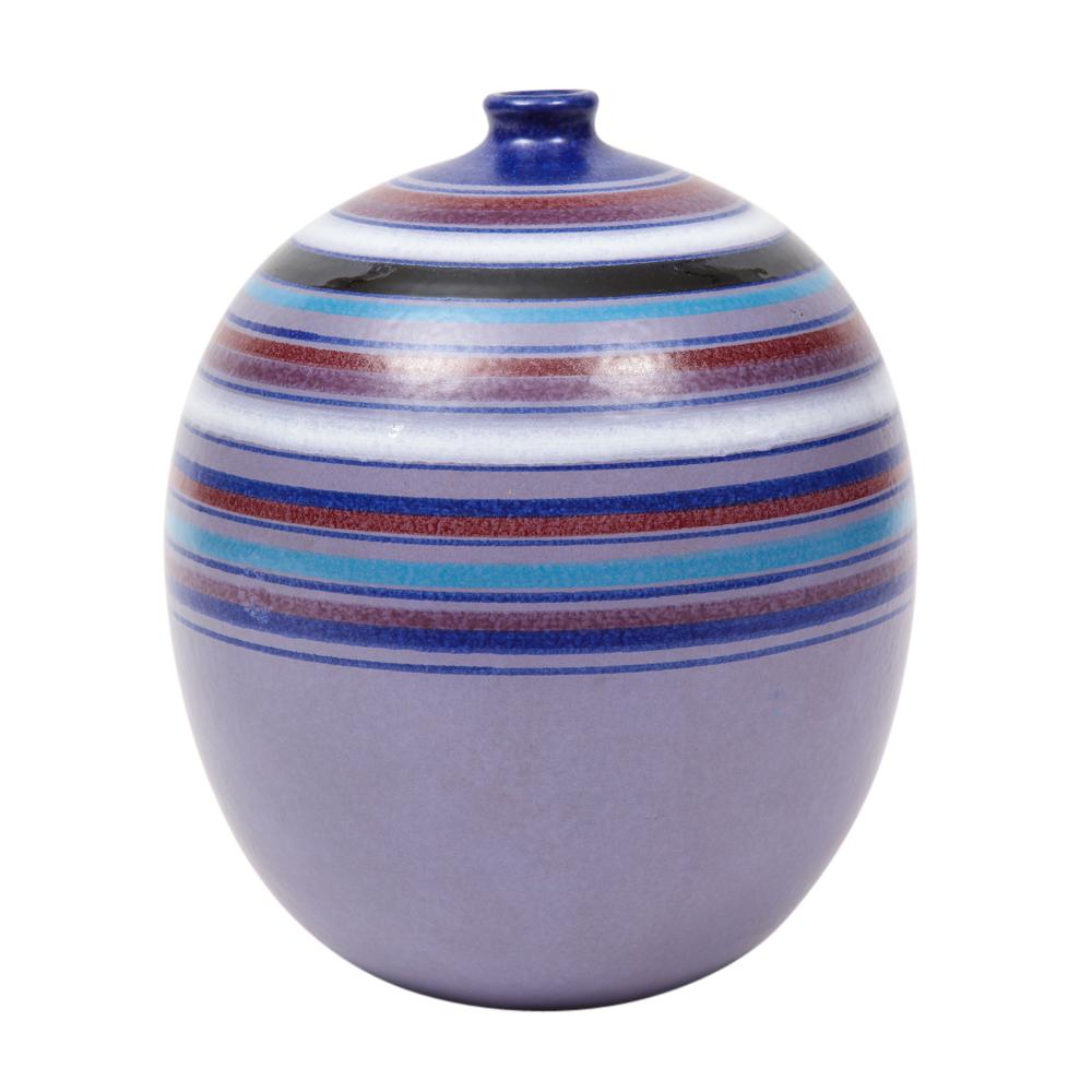 Mid-Century moderno Vaso a sfera Bitossi, strisce, viola, blu, bianco, rosso, firmato in vendita