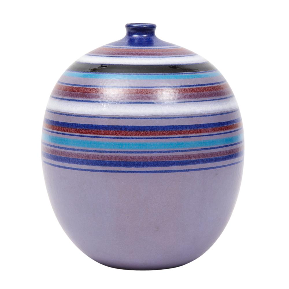 Bitossi Ball Vase, Stripes, Purple, Blue, White, Red, Signed In Good Condition For Sale In New York, NY