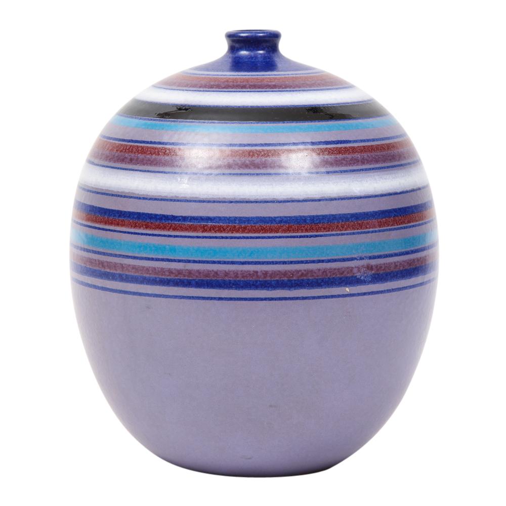 Late 20th Century Bitossi Ball Vase, Stripes, Purple, Blue, White, Red, Signed For Sale