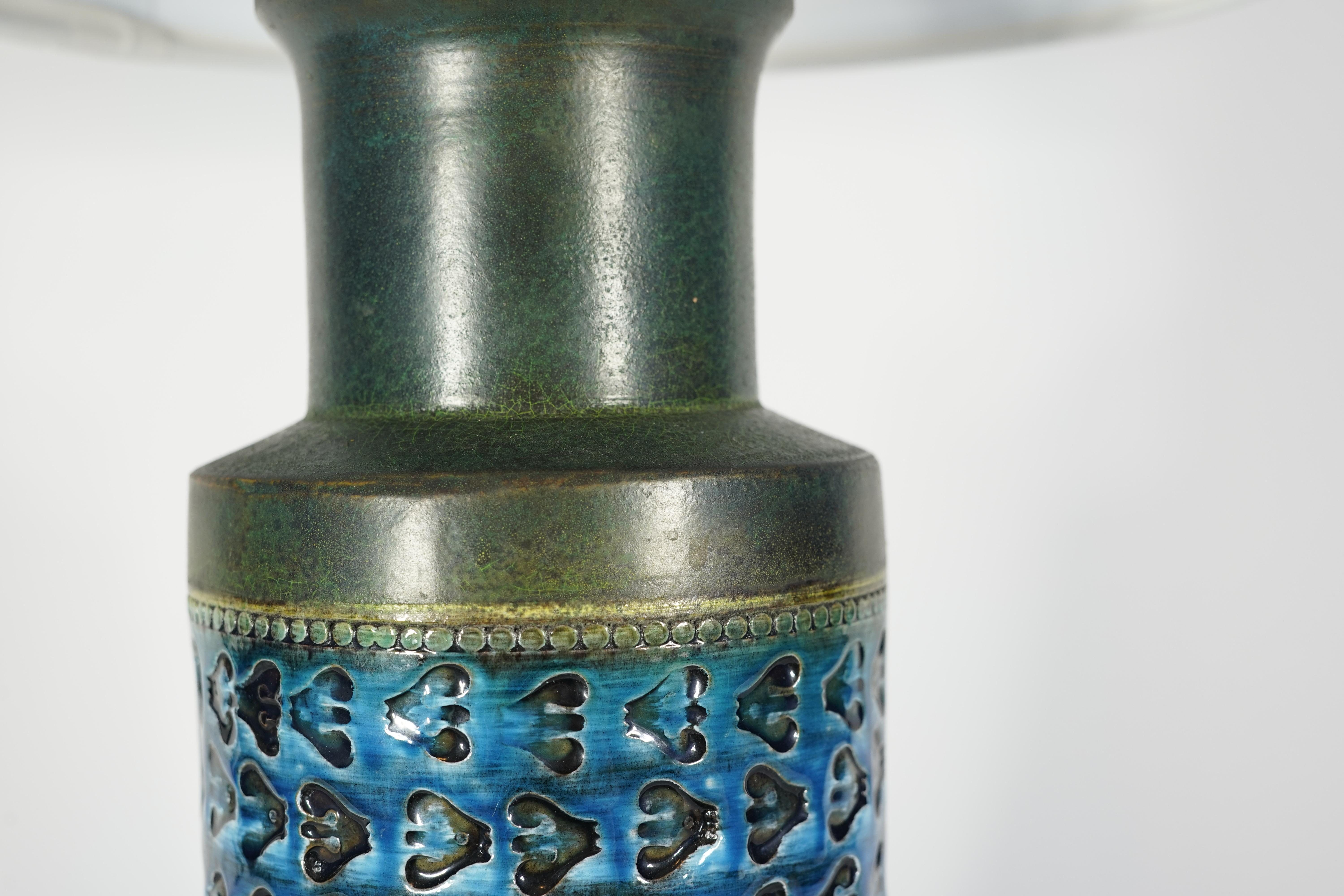 Bitossi lamp Italy 1970 ceramic green and blue glaze made by Bitossi but has stickers from Bergboms as they were sold by Bergboms, Sweden.
Very strong powerful body with such elegant glaze sort of a matte finish except from the blue stripe on the