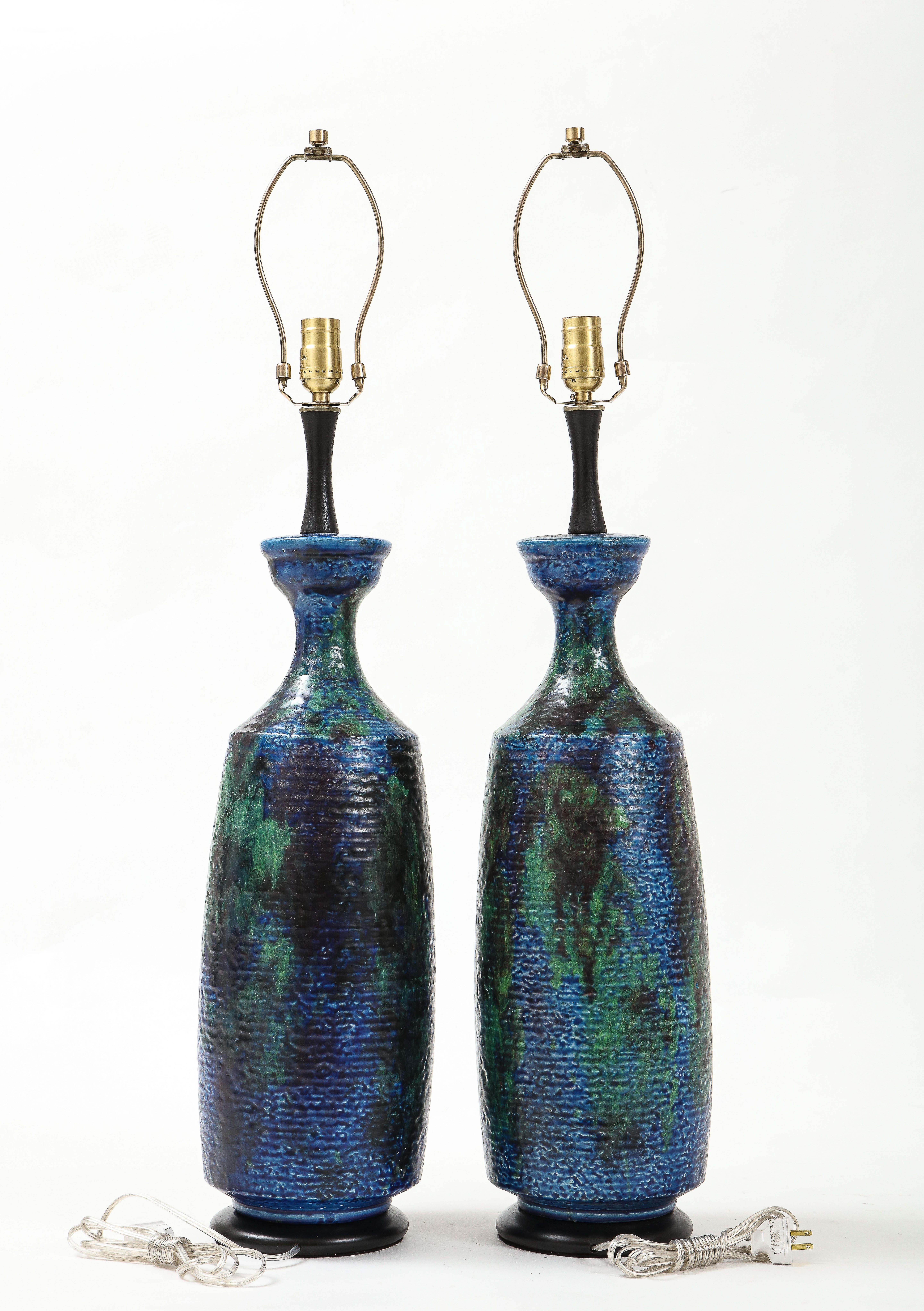 Mid-Century Modern Lampes Bitossi en céramique bleue, verte et noire en vente