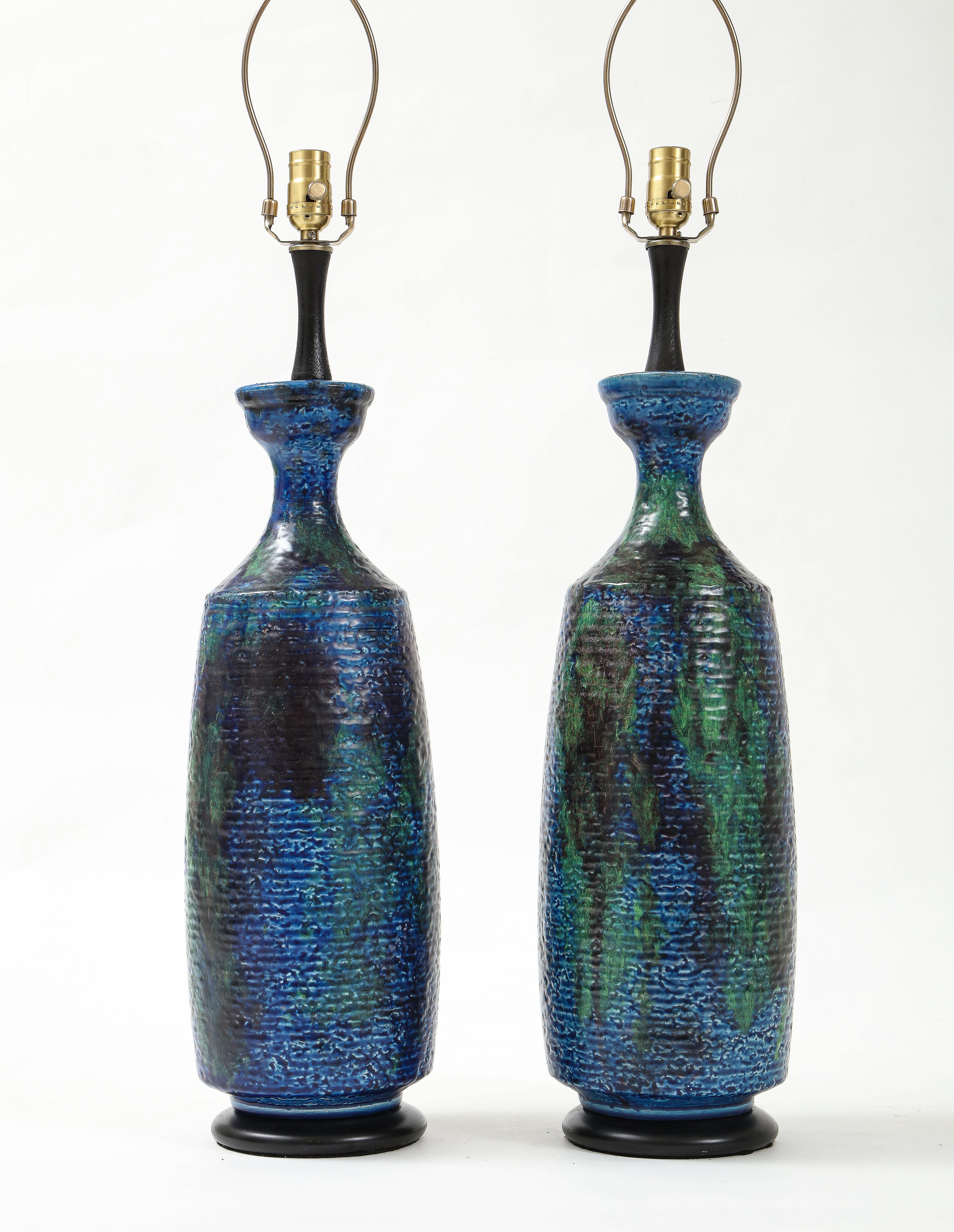 Italian Bitossi Blue, Green, Black Ceramic Lamps For Sale