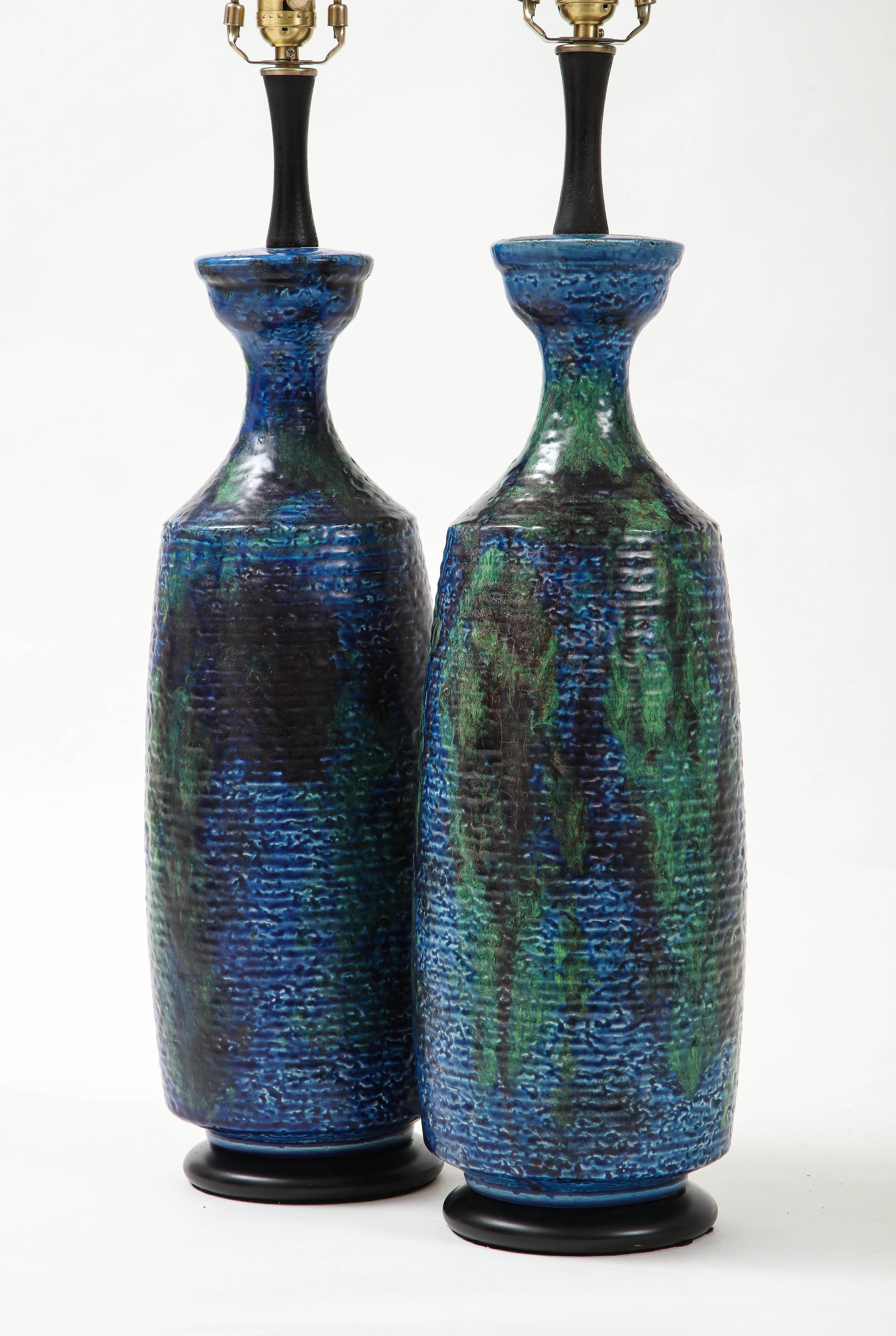 Glazed Bitossi Blue, Green, Black Ceramic Lamps For Sale