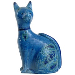 Bitossi Blue Liberty Pattern Sitting Cat Aldo Londi:: Italie:: vers 1968