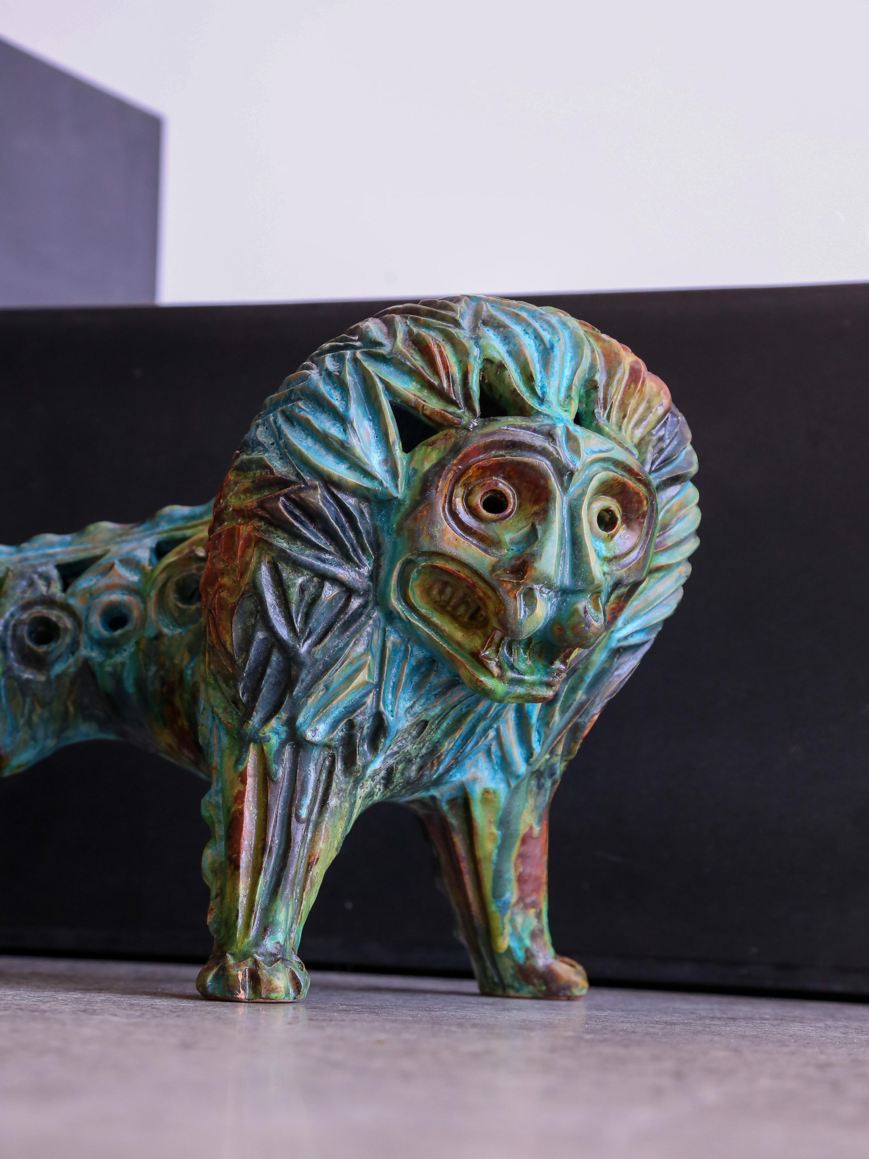 Italian Bitossi Blue Lion Glazed Ceramic by Alvino Bagni