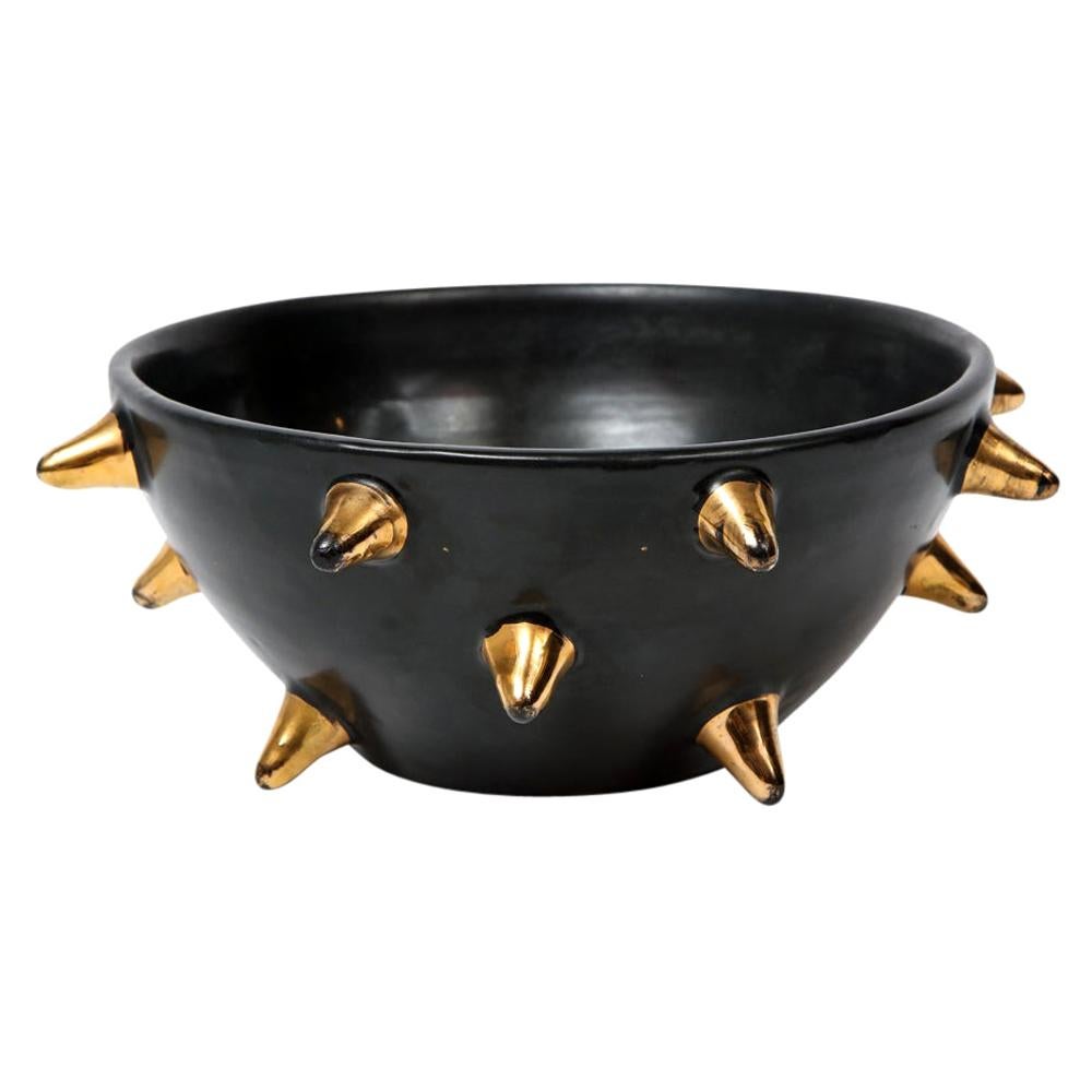 Bitossi Bowl, Ceramic, Black with Gold Spikes, Signed For Sale