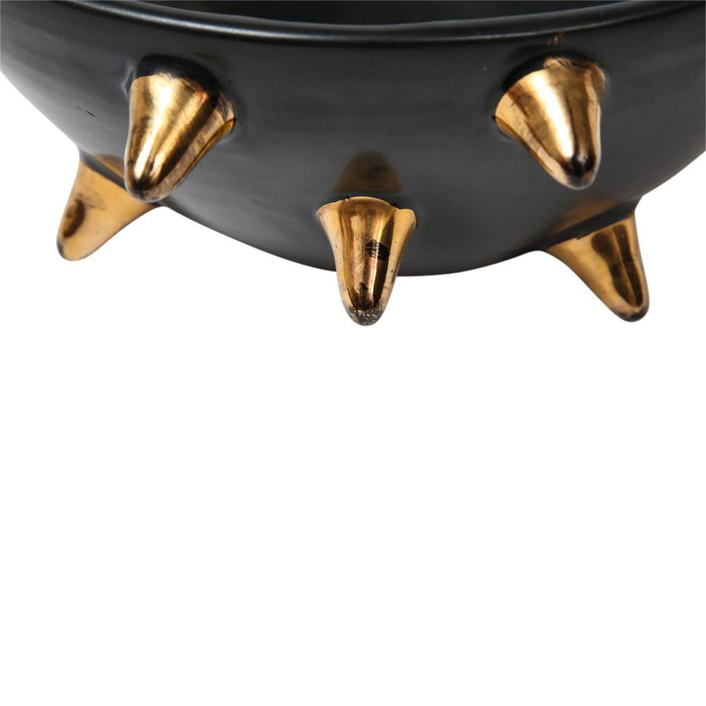 Mid-Century Modern Bitossi Bowl, Ceramic, Black with Gold Spikes, Signed For Sale