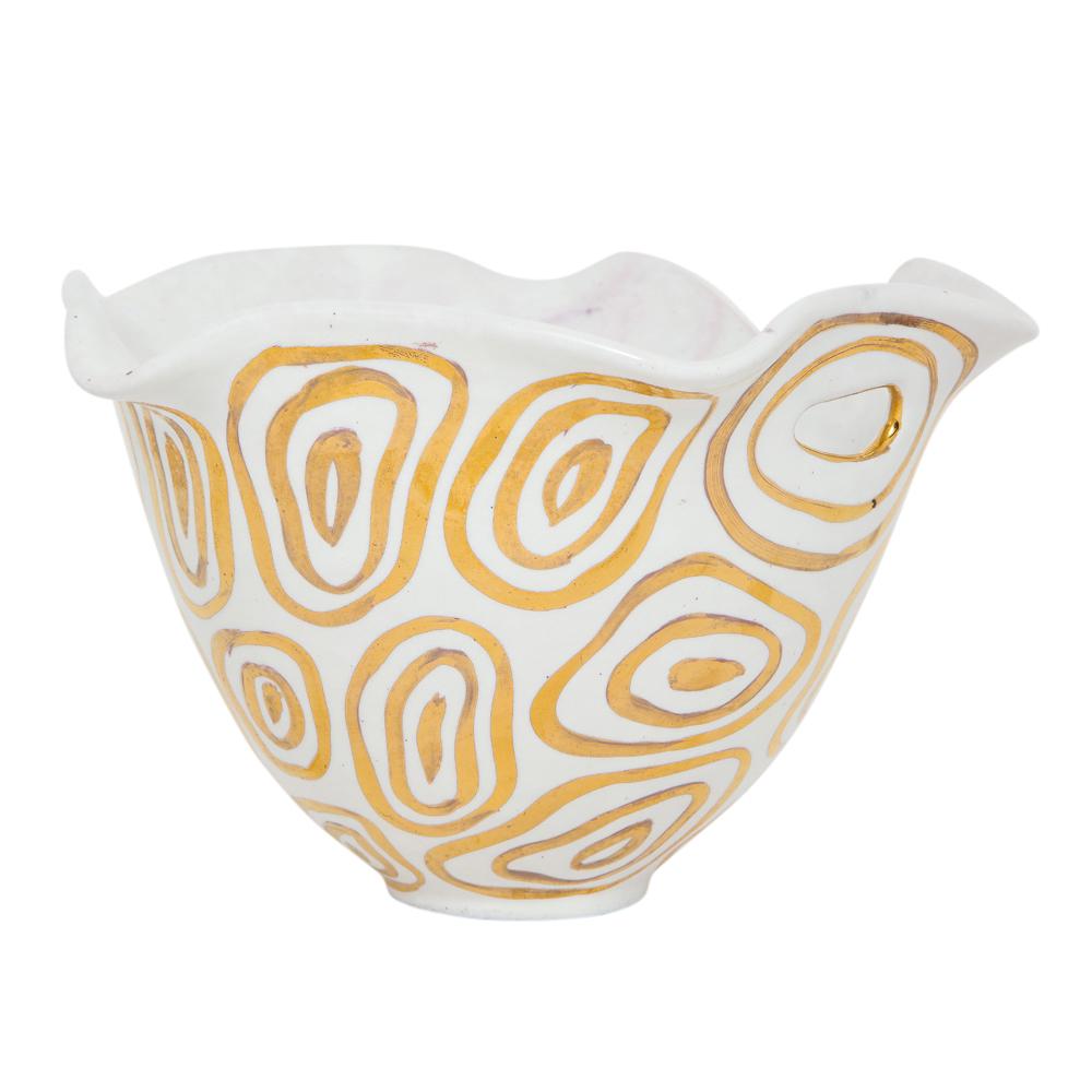 Glazed Bitossi Bowl, White and Gold, Abstract, Signed For Sale