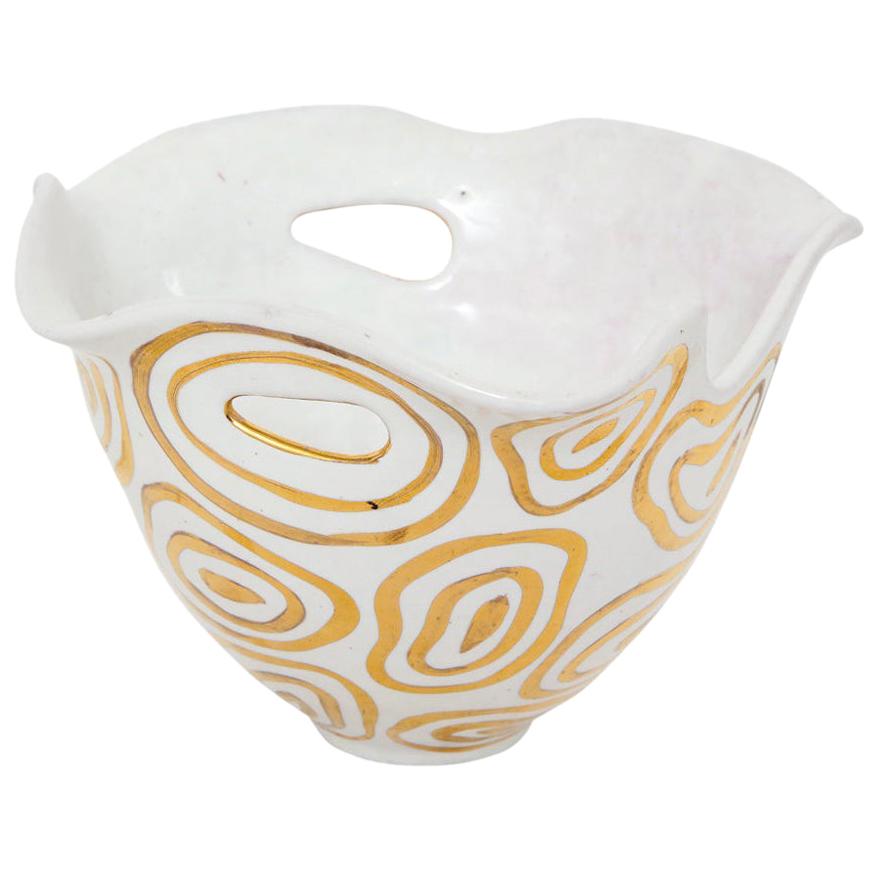 Mid-Century Modern Bitossi Bowl, White and Gold, Abstract, Signed For Sale