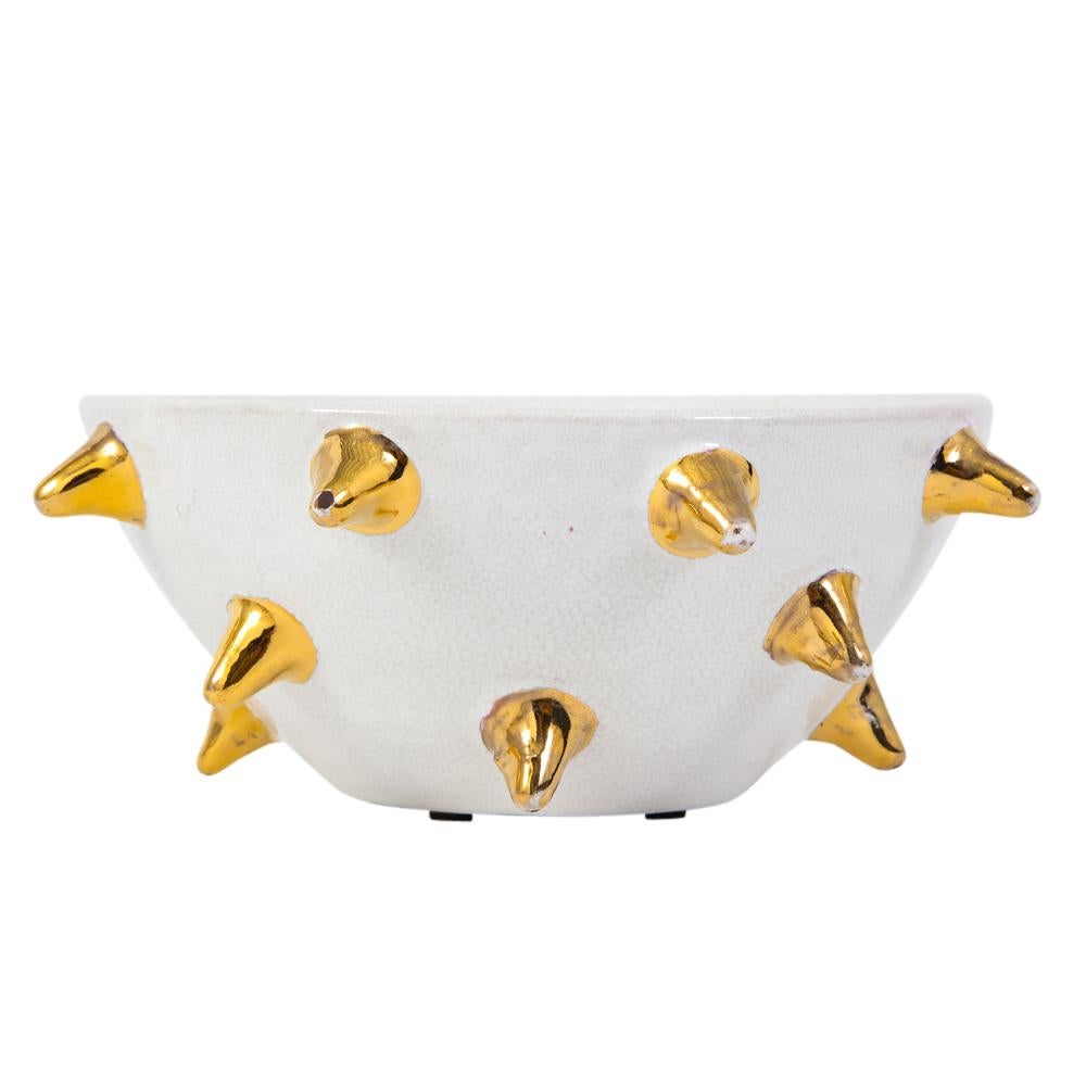 Bitossi Bowl, White Ceramic Gold Spikes, Signed 3