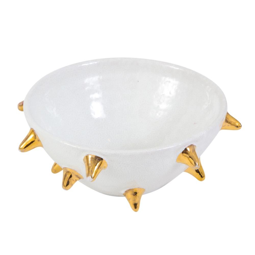 Bitossi Bowl, White Ceramic Gold Spikes, Signed In Good Condition In New York, NY