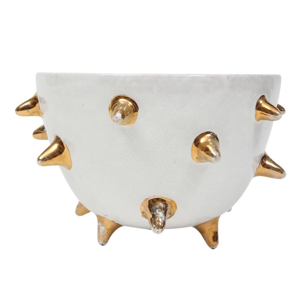 Mid-Century Modern Bitossi Bowl, Ceramic, White, Gold Spikes, Signed For Sale