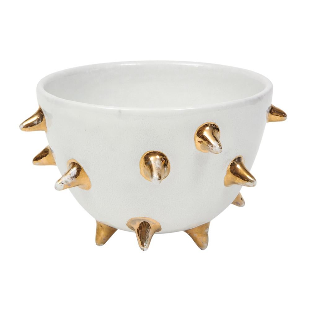 Italian Bitossi Bowl, Ceramic, White, Gold Spikes, Signed For Sale
