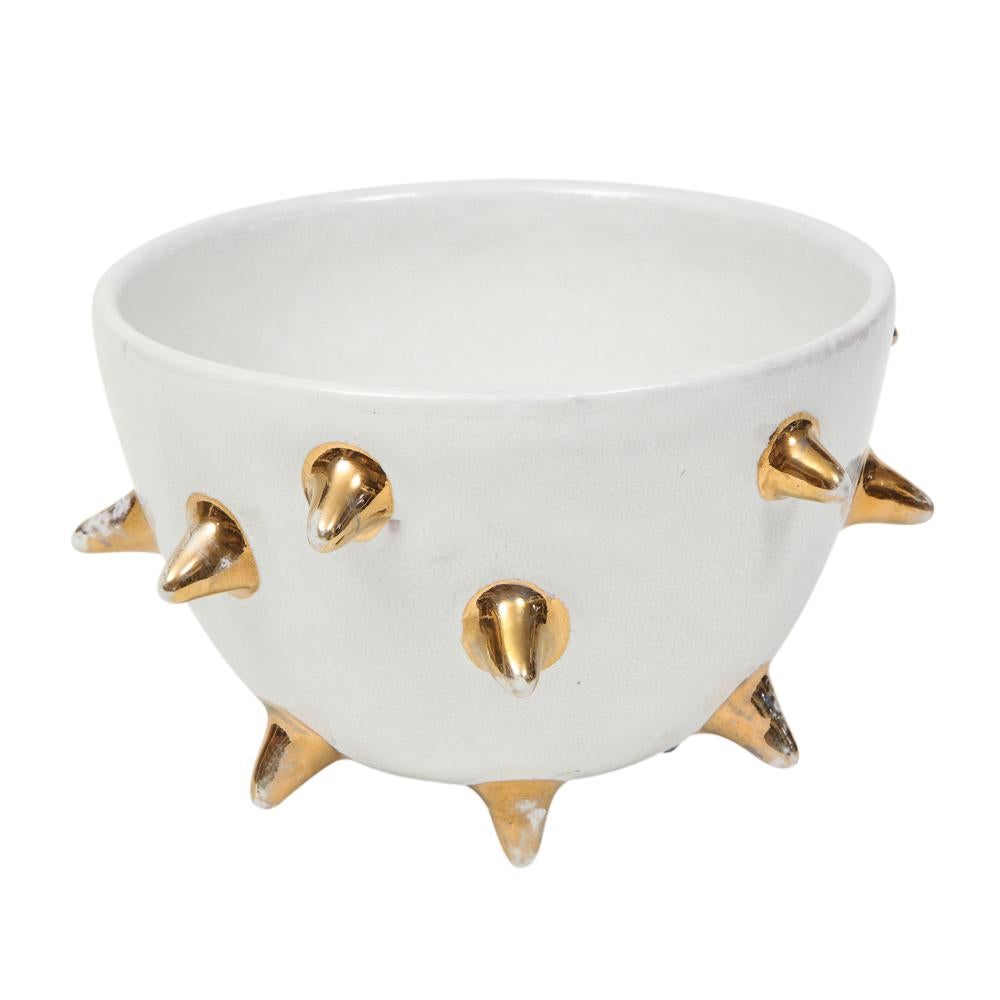 Glazed Bitossi Bowl, Ceramic, White, Gold Spikes, Signed For Sale