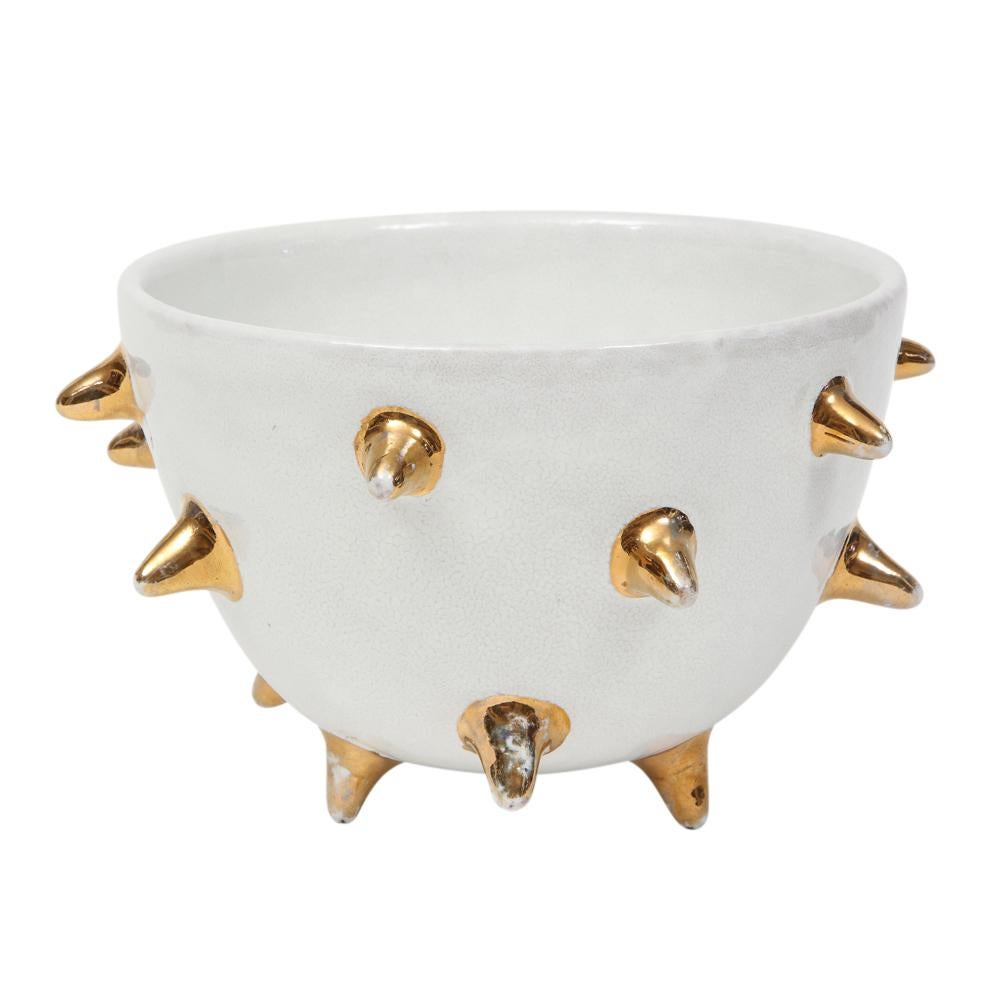 Bitossi Bowl, Ceramic, White, Gold Spikes, Signed In Good Condition For Sale In New York, NY