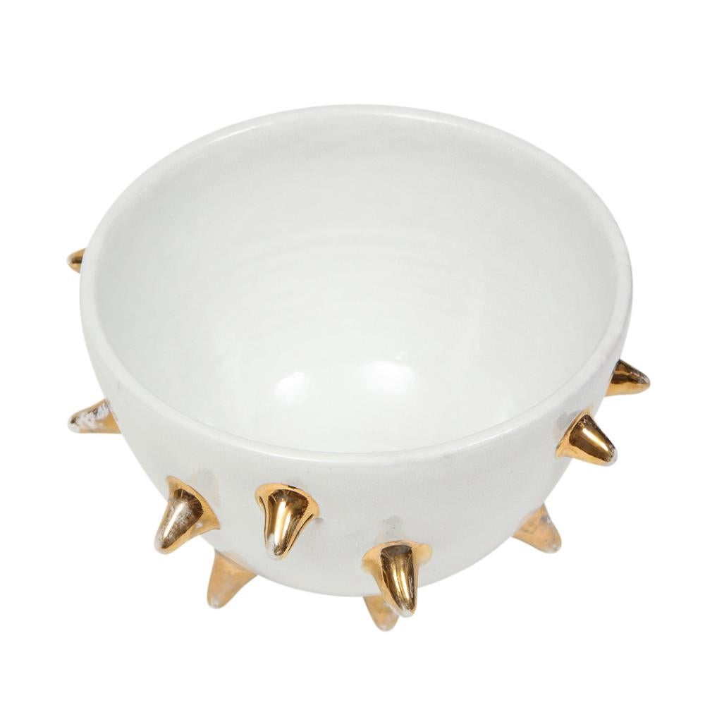 Mid-20th Century Bitossi Bowl, Ceramic, White, Gold Spikes, Signed For Sale
