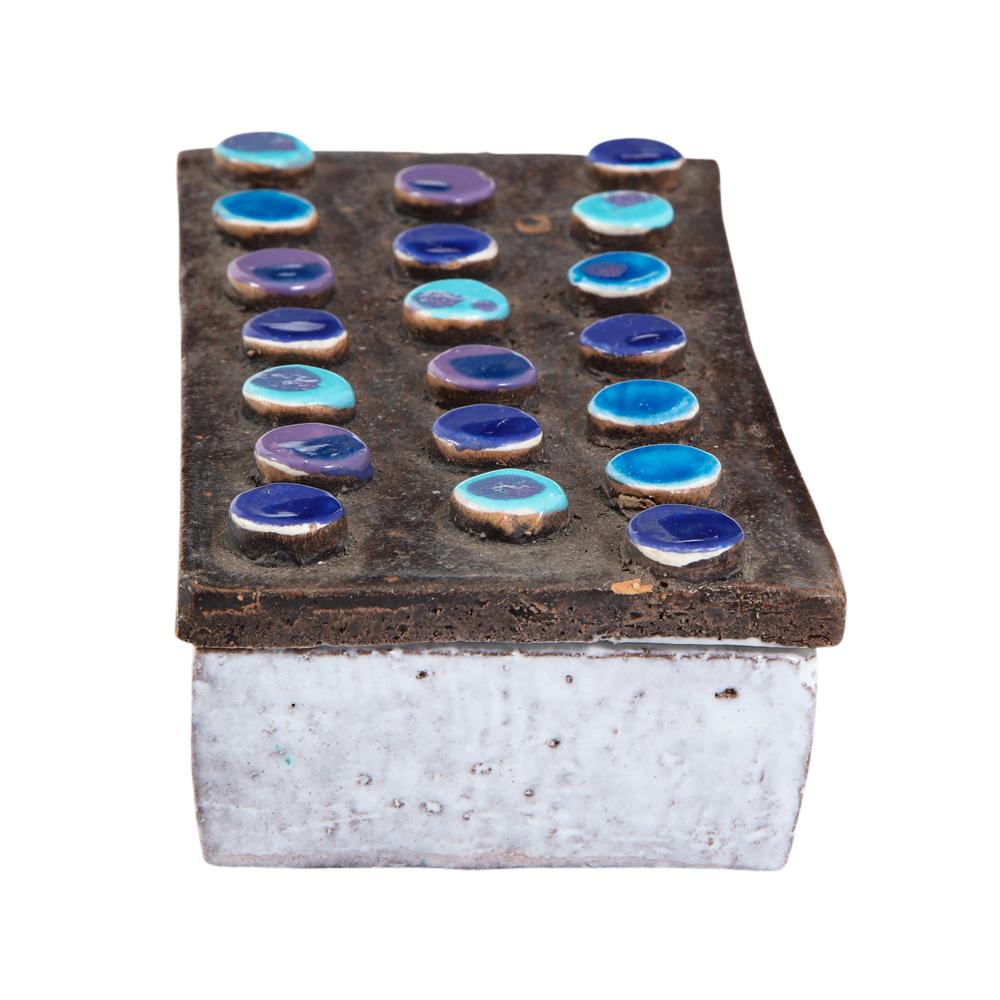 Mid-Century Modern Bitossi Box, Ceramic, Applied Discs, Blue, Purple, White, Brown, Signed For Sale