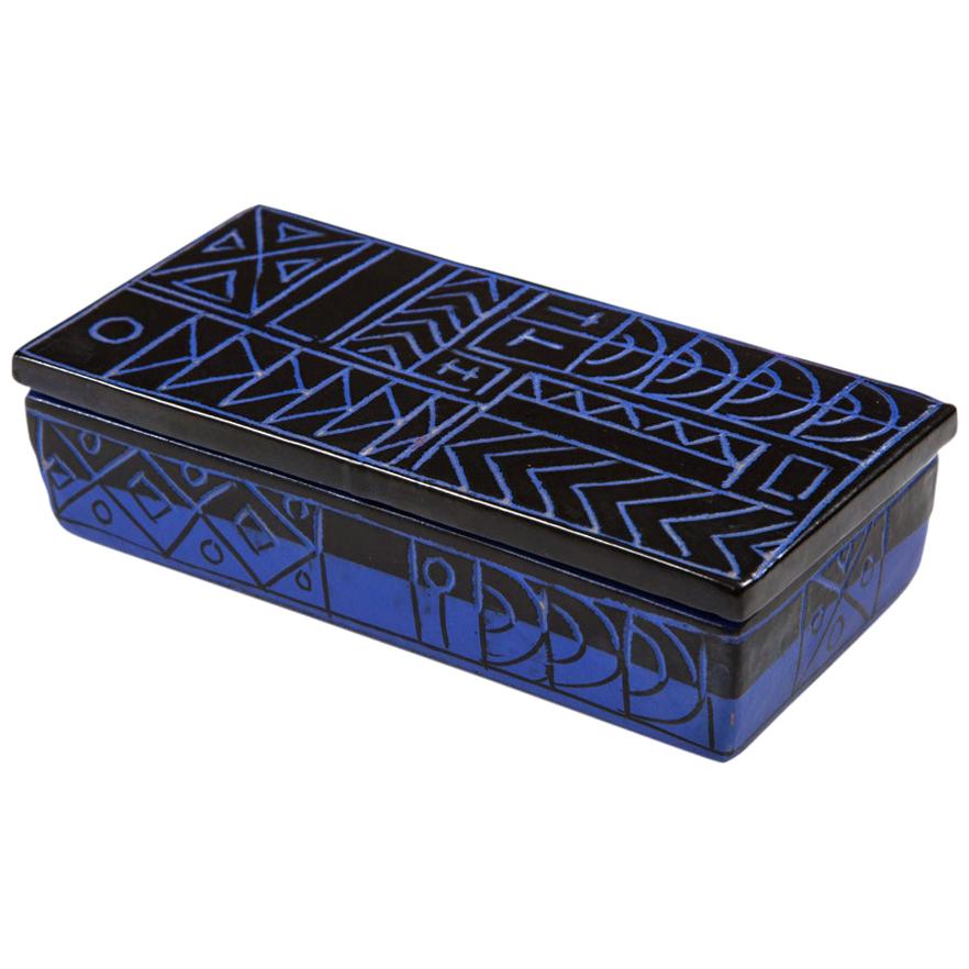 Mid-Century Modern Boîte Bitossi, Céramique, Sgraffito, Bleu, Noir, Géométrique, Signé en vente
