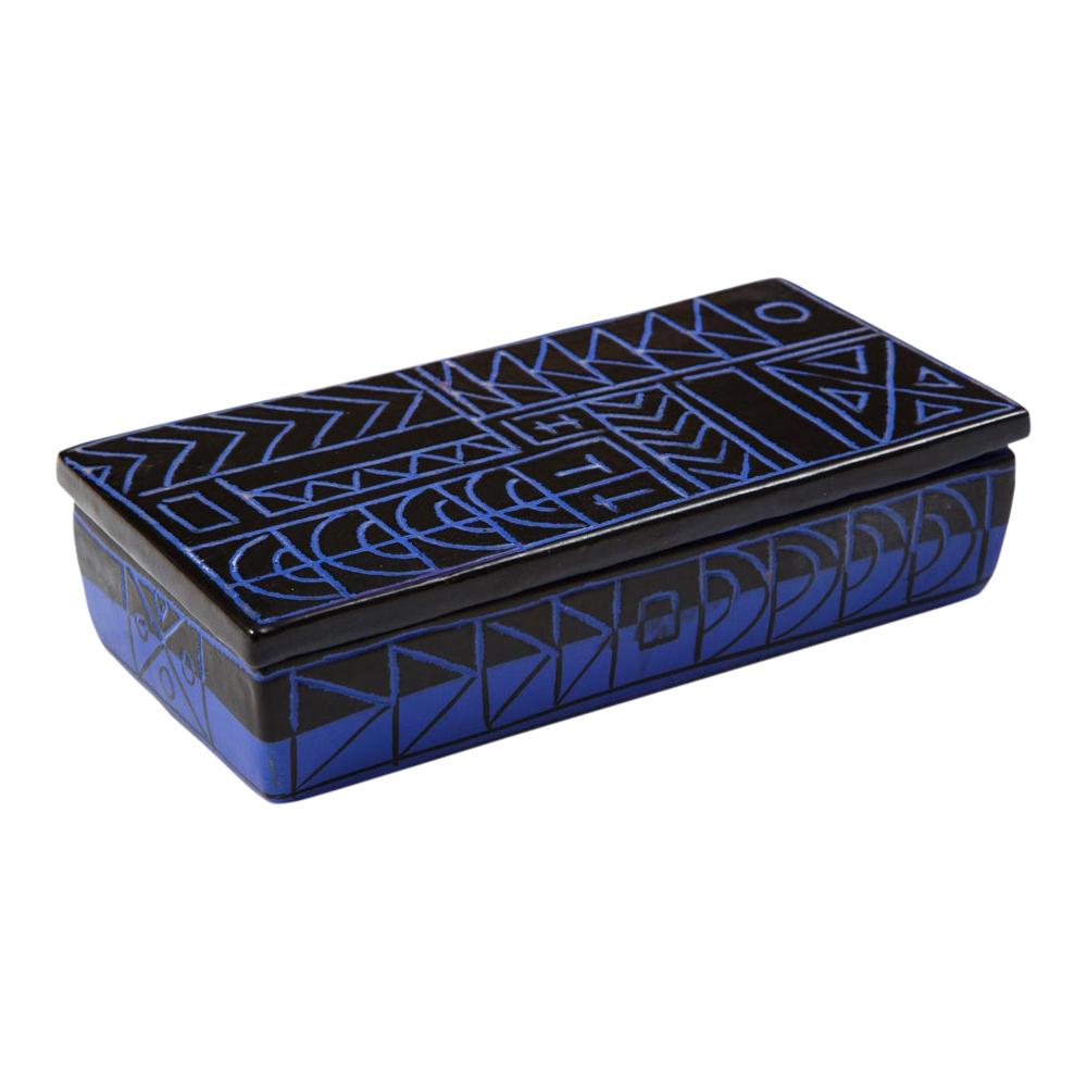 Bitossi-Schachtel, Keramik, Sgraffito, Blau, Schwarz, Geometrisch, signiert im Angebot