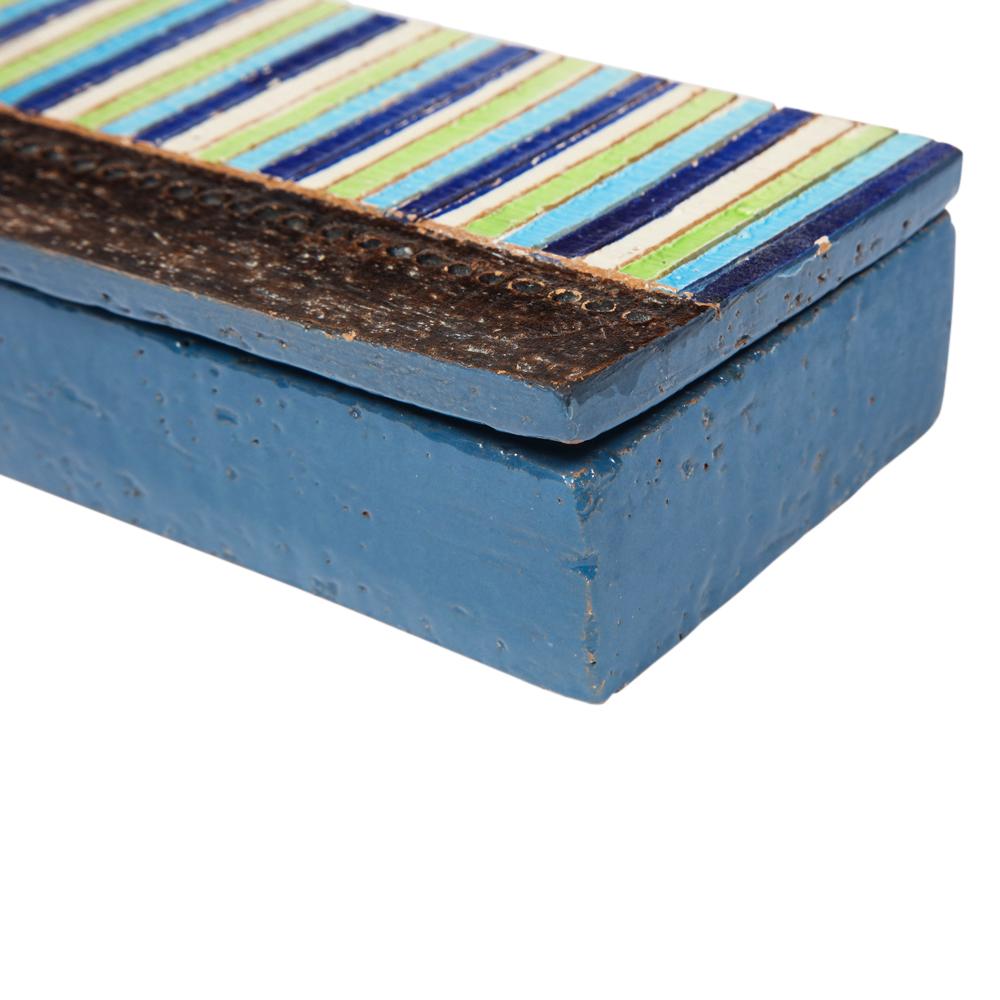 Boîte Bitossi en céramique à rayures bleues, vertes et blanches, signée en vente 2