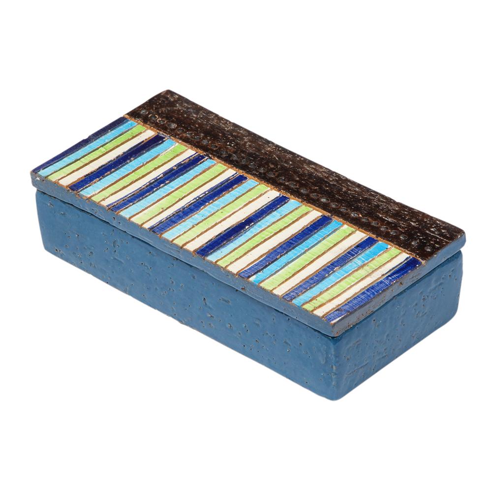 Bitossi box, ceramic, blue, green, white stripes, signed. Small scale colorful lidded box decorated with a tight hard edge pattern of blue, green and white stripes which play off nice with the chunky coarse matte chocolate brown stripe that runs