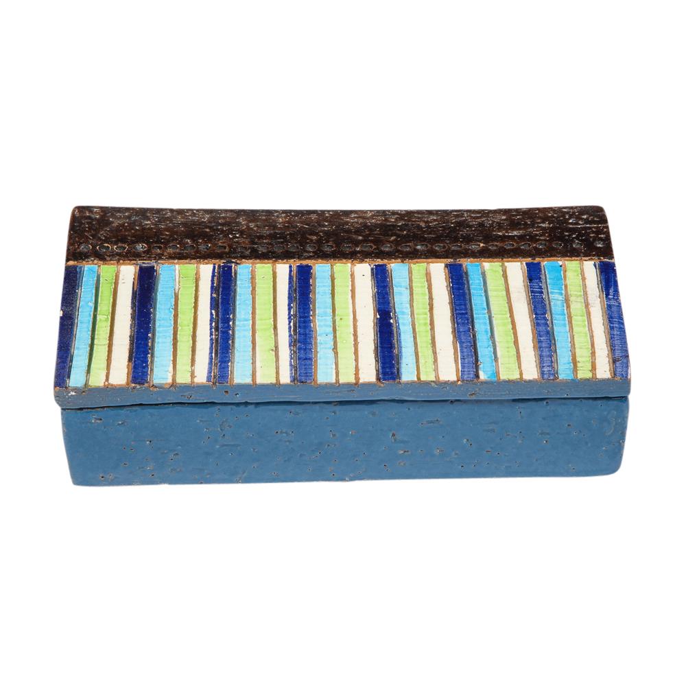 Mid-Century Modern Boîte Bitossi en céramique à rayures bleues, vertes et blanches, signée en vente
