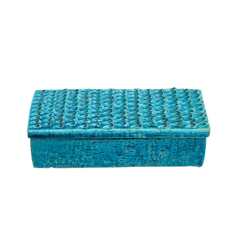 Bitossi Box, Ceramic, Blue, Lacrima, Signed. Small scale lidded box decorated with a relief pattern of impressed teardrops (lacrima). Minute losses to some of the relief decoration on the top cover. Signed on the underside of the box: 955/ Italy.

