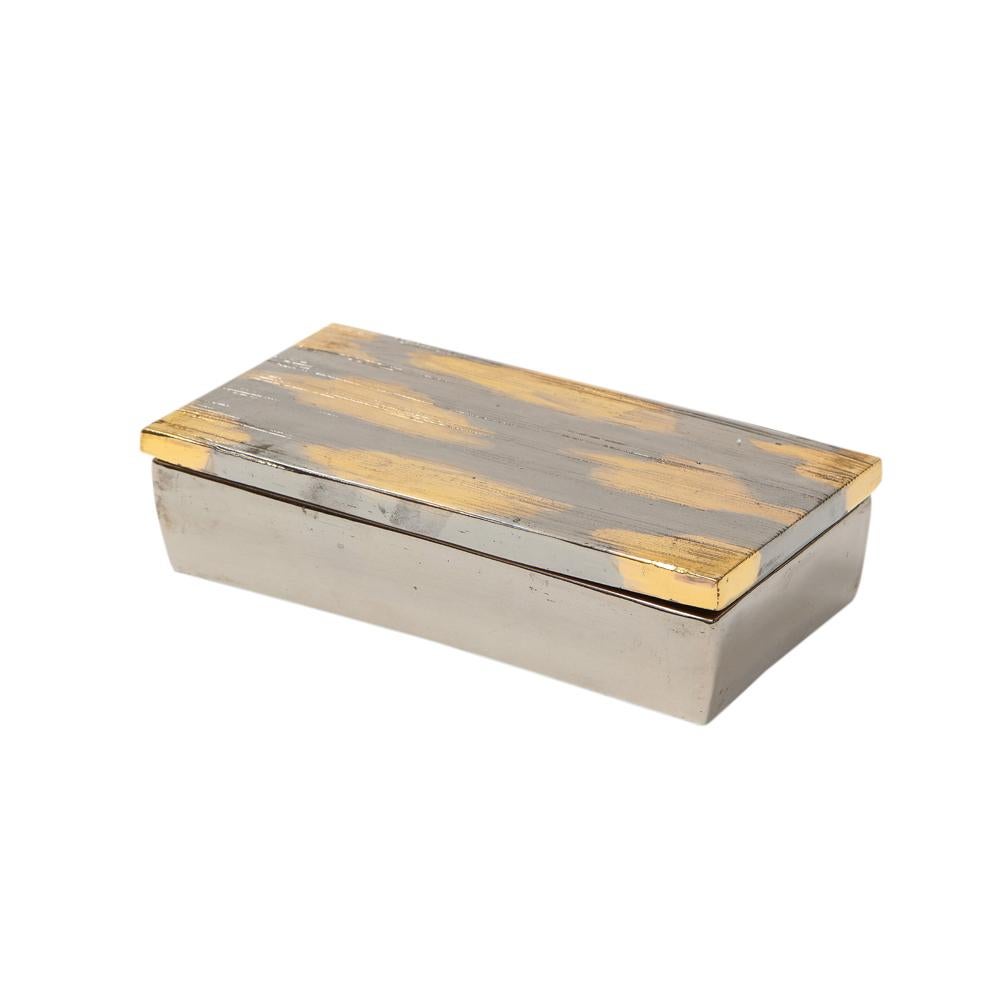 Bitossi-Schachtel, Keramik, gebürstetes Metallic-Gold, Chrom-Silber