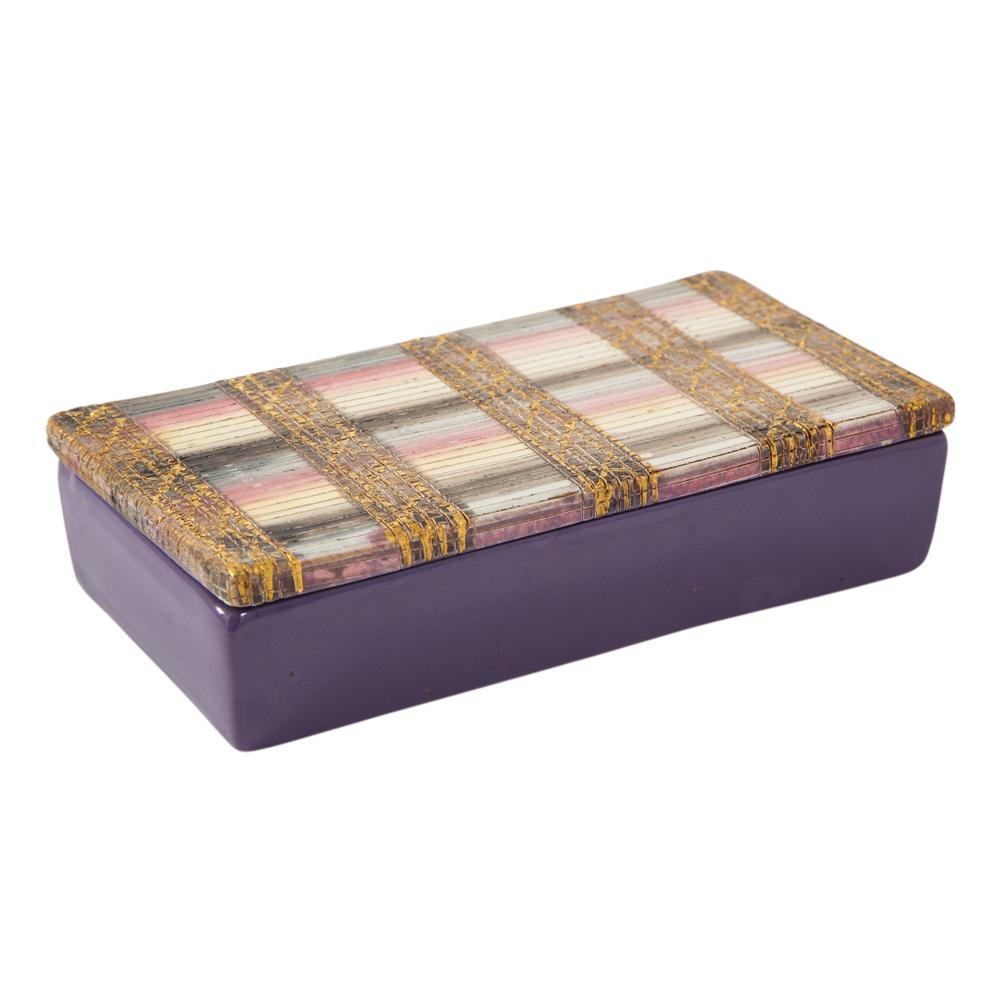 Bitossi box, ceramic, seta, gold, pink, stripes, purple, incised, signed. Small scale lidded box from Aldo Londi's Seta series with an incised top, glazed in gold and pastel stripes. Minute wear to one corner of the violet purple glazed bottom, see
