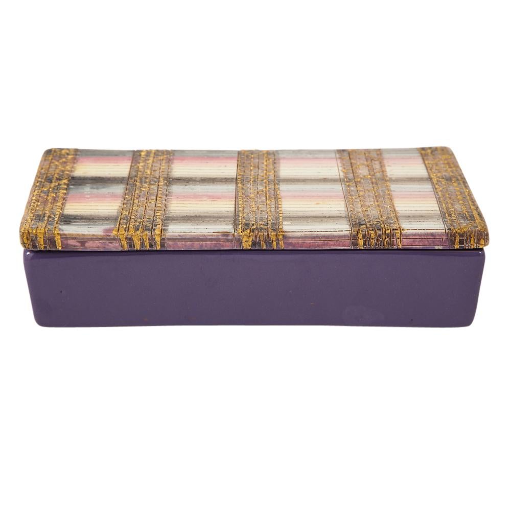Italian Bitossi Box, Ceramic, Seta, Gold, Pink, Stripes, Purple, Incised, Signed