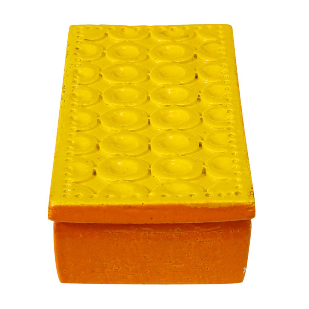 Bitossi box, ceramic, yellow and orange, geometric, signed. Small scale box from Aldo Londi's 