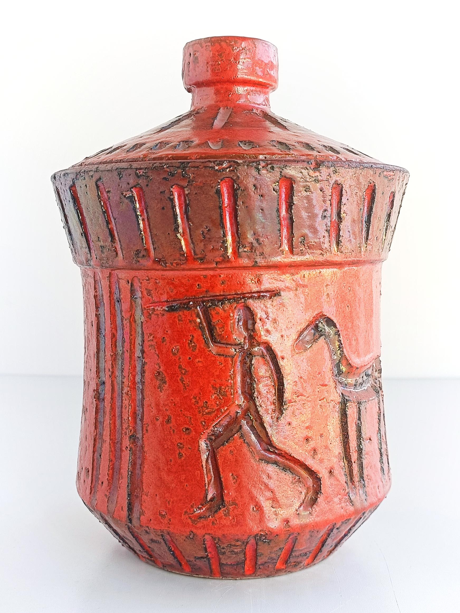 Mid-Century Modern Bitossi by Aldo Londi Primitivist Red Glazing Ceramic Jar, Italy, 1960s