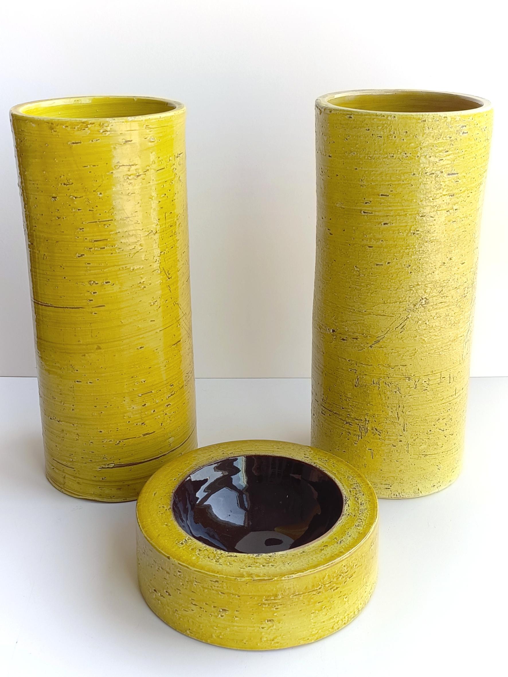 Ceramic Vintage Bitossi Aldo Londi Brutalist Set of Yellow Vases and Dish, Italian 1960 For Sale