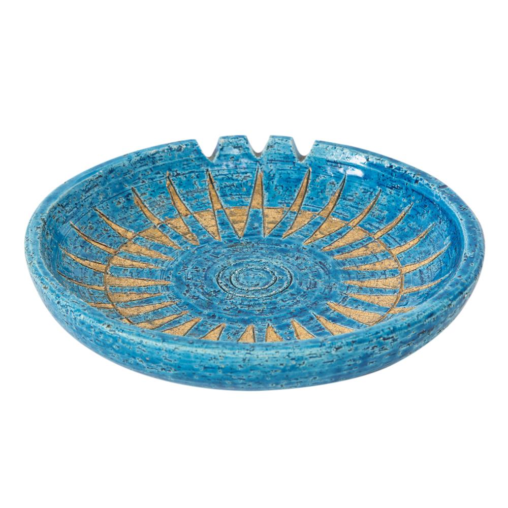 Italian Bitossi Ashtray, Ceramic, Blue and Gold Sunburst, Signed