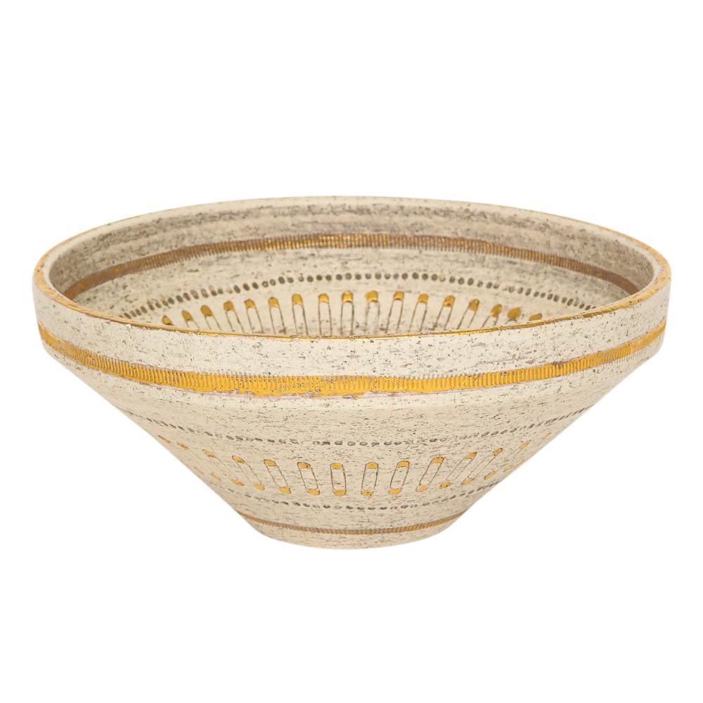 Glazed Aldo Londi Bitossi Safety Pin Bowl, Ceramic, Tan and Gold, Signed
