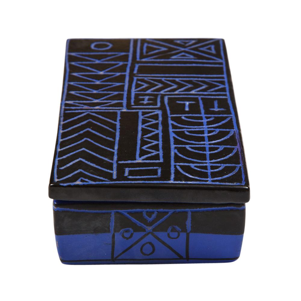 Bitossi-Schachtel, Keramik, Sgraffito, Blau, Schwarz, Geometrisch, signiert (Glasiert) im Angebot