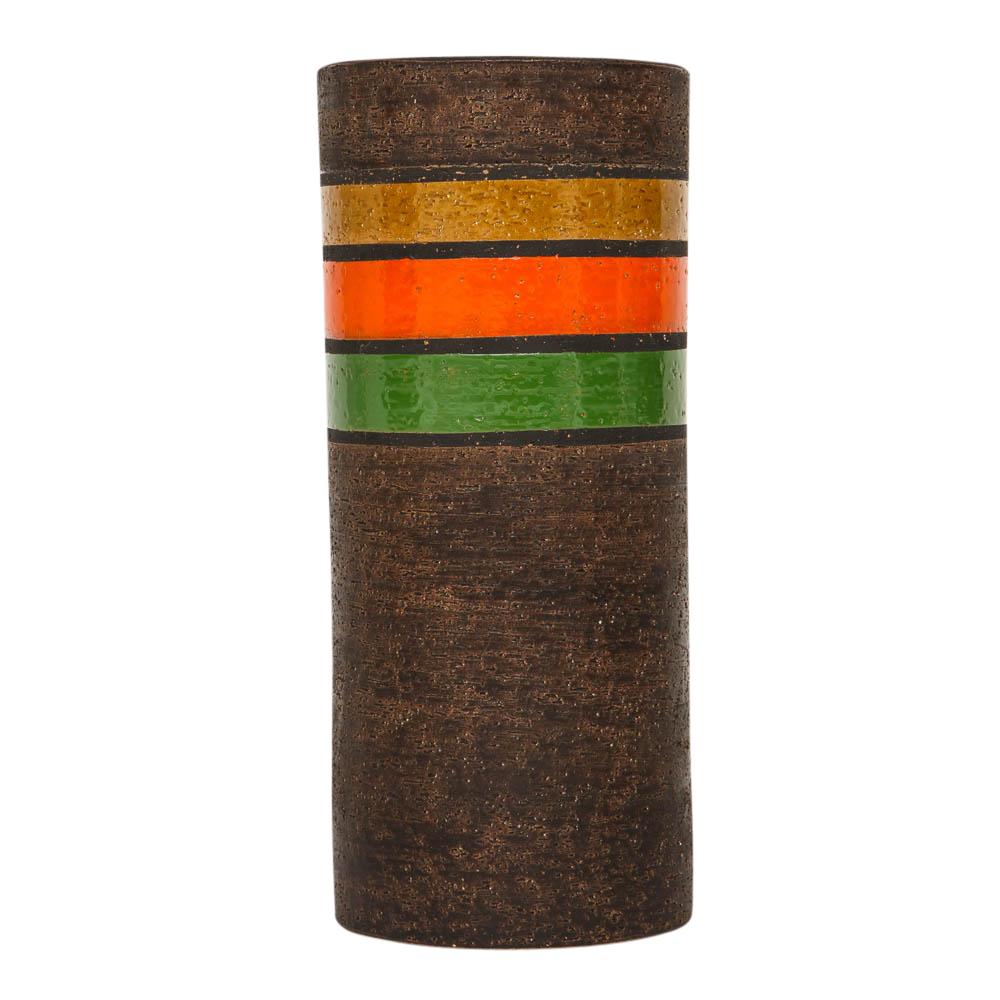 Bitossi vase, ceramic, brown, dark yellow, orange and green stripes. Medium scale cylinder vase with glazed bands of color over a coarse chocolate brown raw clay body. Minute loss of glaze at bottom - photo 11.